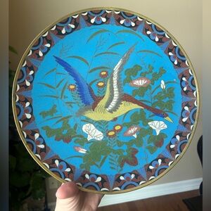 Antique Japanese Meiji Cloissoné Charger Display Plate 19 Century 12” Blue Duck